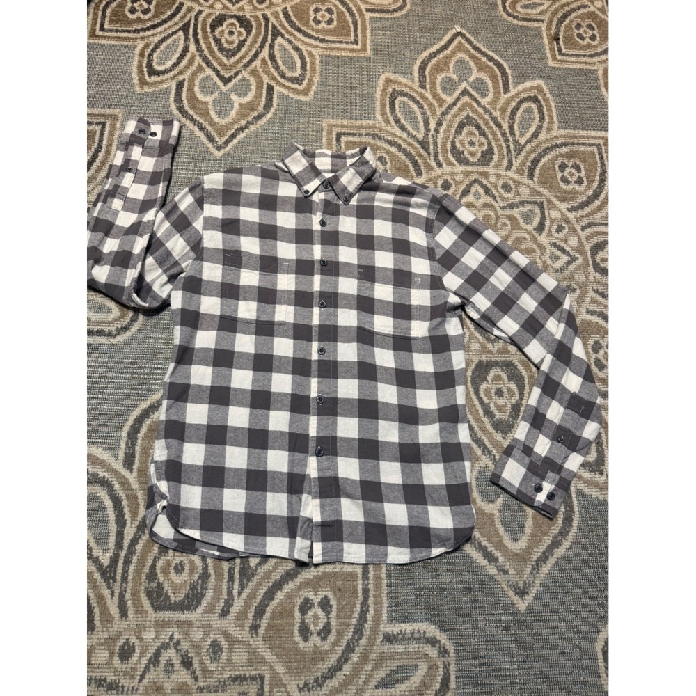 True Craft Mens Large Buffalo Plaid Button Down Shirt Grey White Long Sleeve